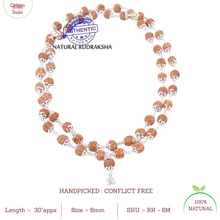 Load image into Gallery viewer, 8 Mukhi Indonesian Rudraksha Mala - 54+1 (Pure Silver)