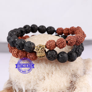 Lava Stone + Rudraksha + Owl Charm Bracelet.