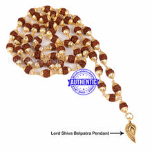 Load image into Gallery viewer, 5 Mukhi Rudraksha Mala in gold plated caps with Belpatra Pendant