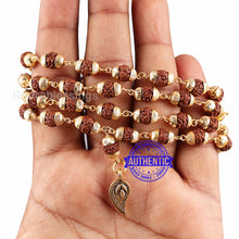 Load image into Gallery viewer, 5 Mukhi Rudraksha Mala in gold plated caps with Belpatra Pendant

