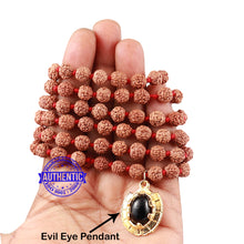 Load image into Gallery viewer, 5 mukhi Rudraksha mala with Lucky Charm Evil Eye Pendant
