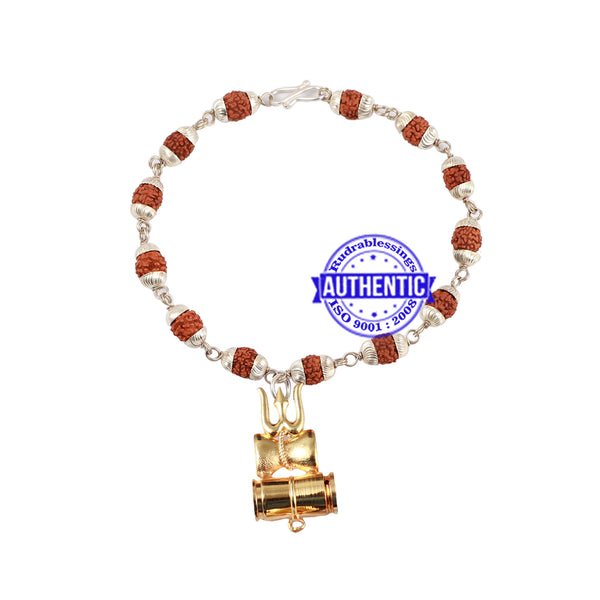 5 Mukhi Rudraksha Bracelet in silver plated caps with Trishul and Damru Pendant