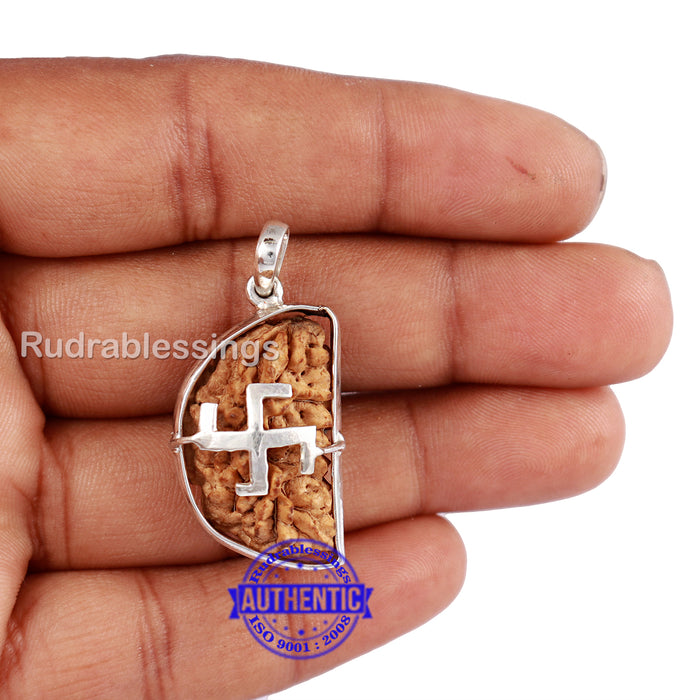 1 Mukhi Rudraksha in Pure Silver Swastik Pendant - Bead No. 31