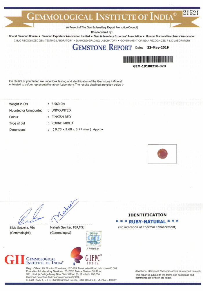 Ruby - 6 - 5.56 carats