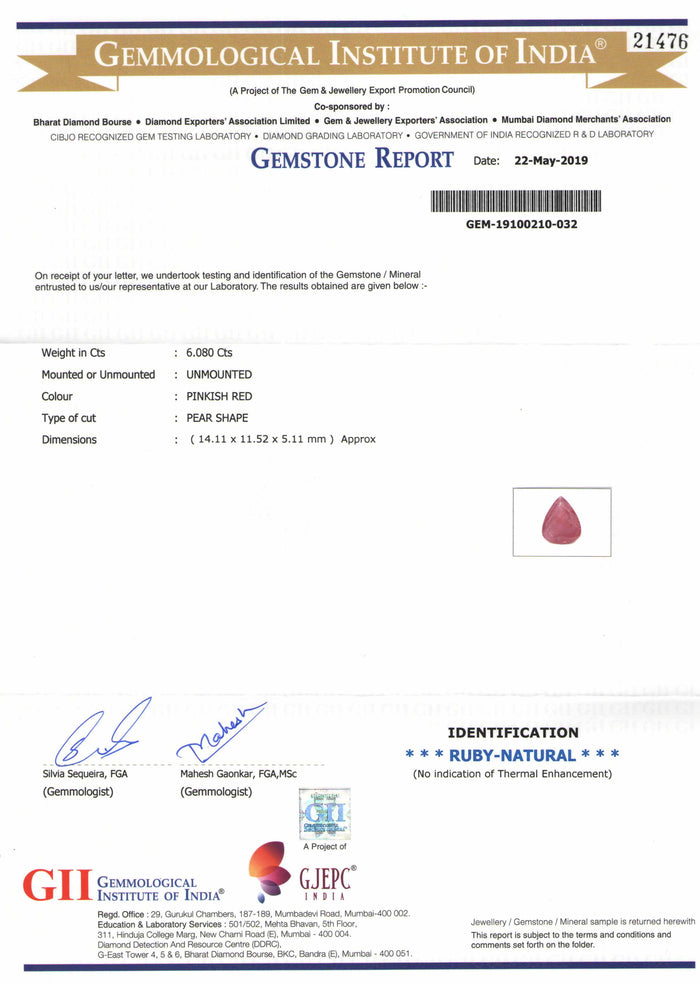 Ruby - 10 - 6.08 carats