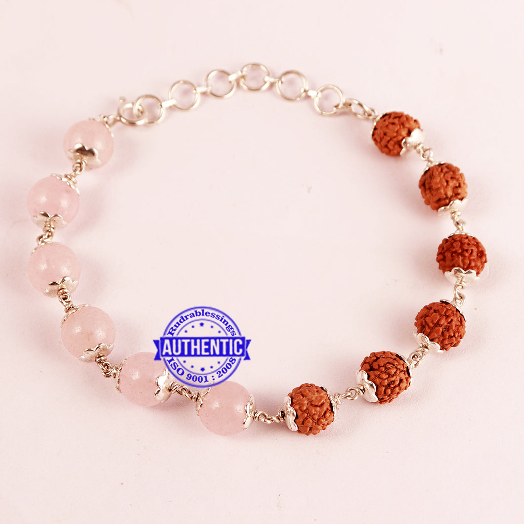 Rose Quartz Rudraksha Bracelet (Pure Silver) - 2