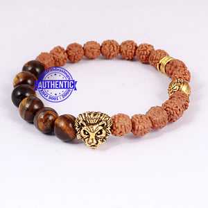 Tiger Eye + Rudraksha + Lion Charm Bracelet.