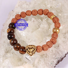 Load image into Gallery viewer, Tiger Eye + Rudraksha + Lion Charm Bracelet.
