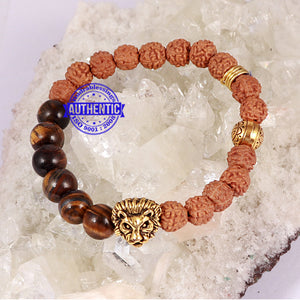 Tiger Eye + Rudraksha + Lion Charm Bracelet.