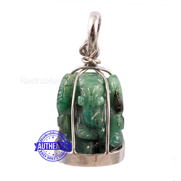 Emerald Ganesha Carving In Silver Pendant - 39