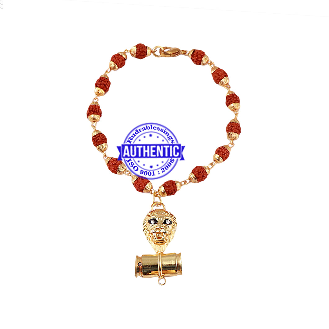 5 Mukhi Rudraksha Bracelet in gold plated caps with Lion Pendant