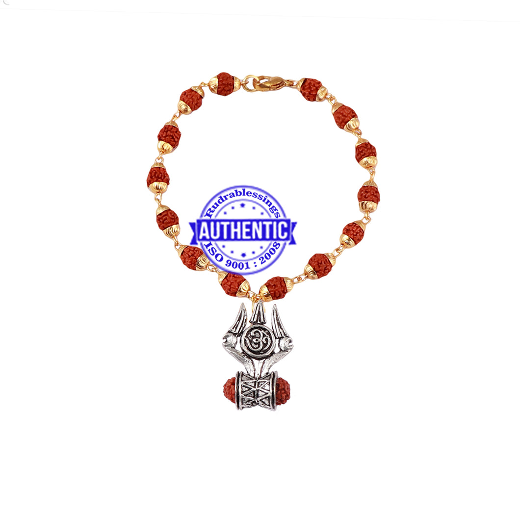 5 Mukhi Rudraksha Bracelet in gold plated caps with Trishul and Damru Pendant