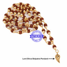 Load image into Gallery viewer, 5 Mukhi Rudraksha Mala in gold plated caps with Belpatra Pendant
