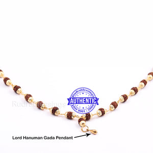 5 Mukhi Rudraksha Mala in gold plated caps with Lord Hanuman Gada