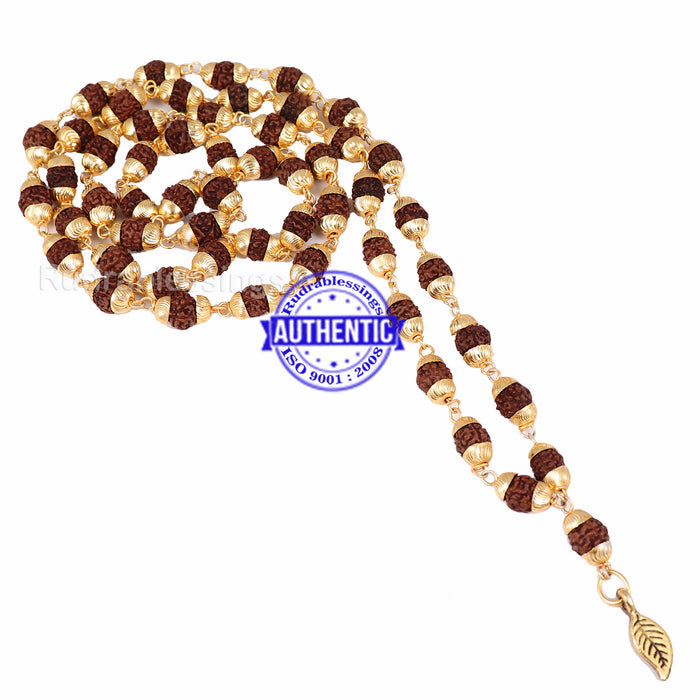 5 Mukhi Rudraksha Mala in gold plated caps with Leaf Pendant