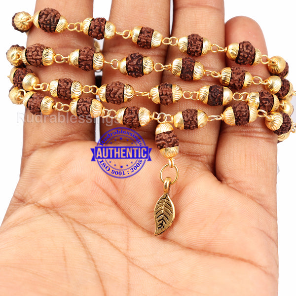 5 Mukhi Rudraksha Mala in gold plated caps with Leaf Pendant