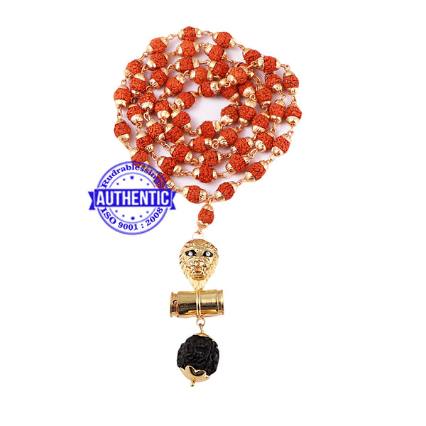5 Mukhi Rudraksha Mala in gold plated caps with Lion Pendant