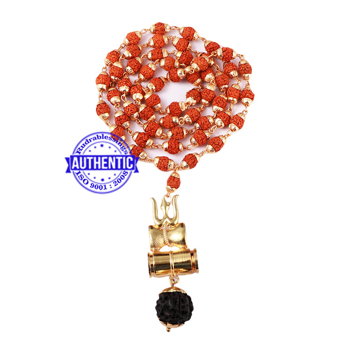 5 Mukhi Rudraksha Mala in gold plated caps with Trishul and Damru Pendant