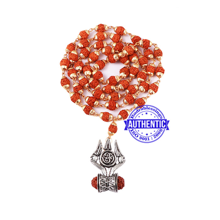 5 Mukhi Rudraksha Mala in gold plated caps with Trishul and Damru Pendant