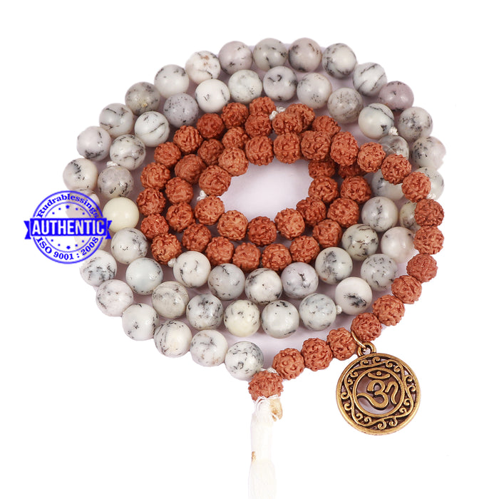 Dendritic Agate + Rudraksha Mala with OM accessory