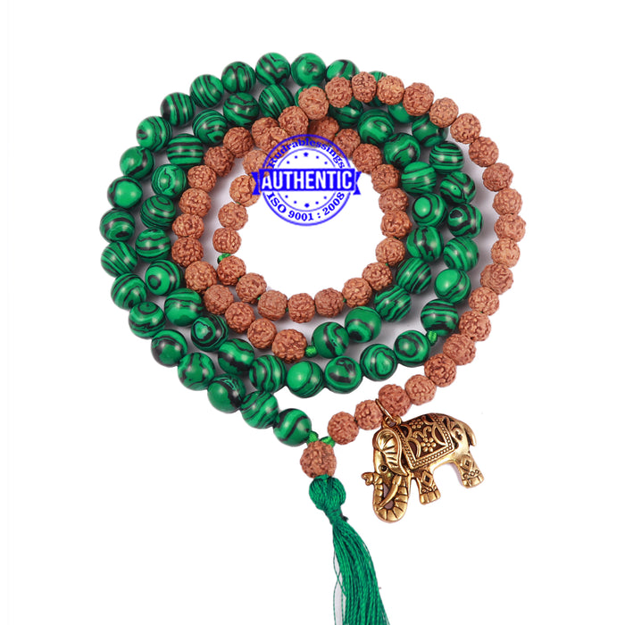 Malachite Stone + Rudraksha Mala with Elephant accessory