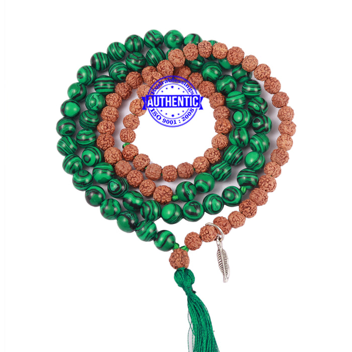 Malachite Stone + Rudraksha Mala with Feather accessory