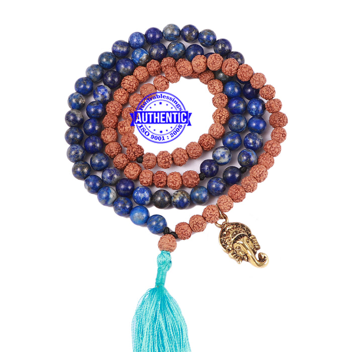 Lapis Lazuli Stone + Rudraksha Mala with Ganesha Accessory