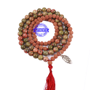 Unakite Stone + Rudraksha Mala with Leaf accessory
