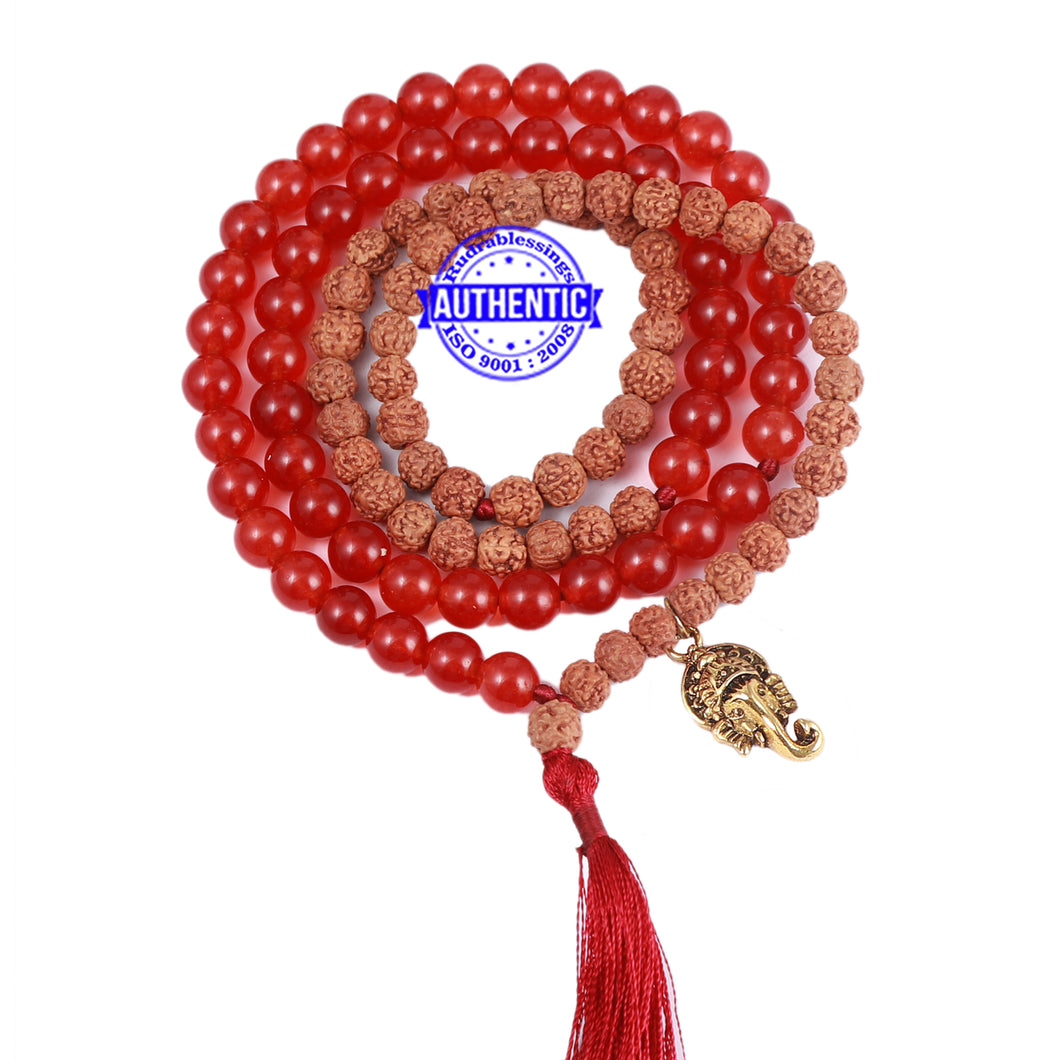 Red Aventurine Stone + Rudraksha Mala with Ganesha accessory