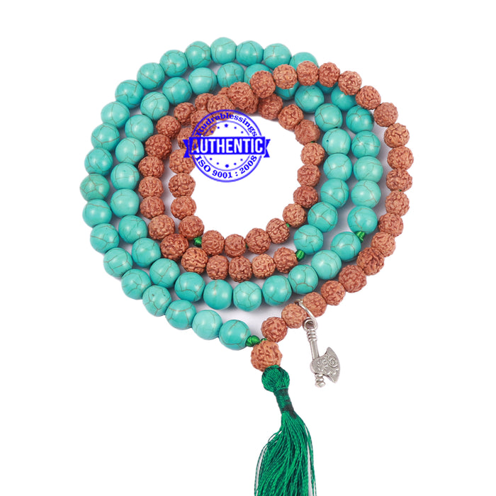 Turquoise Stone + Rudraksha Mala with Axe Accessory