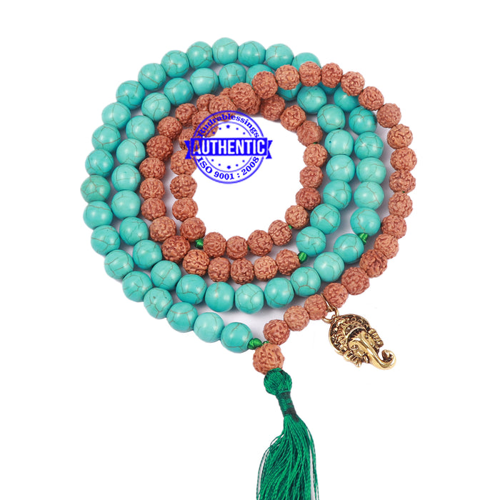 Turquoise Stone + Rudraksha Mala with Ganesha Accessory