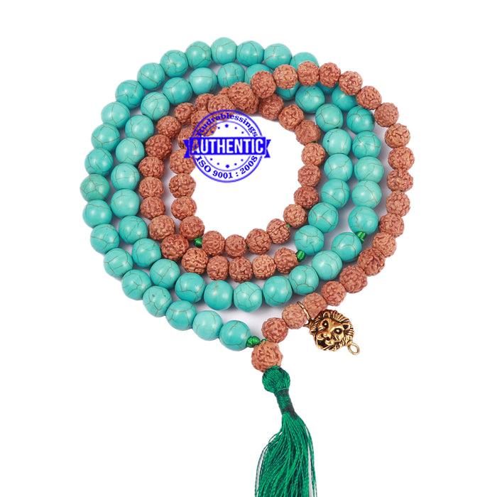 Turquoise Stone + Rudraksha Mala with Lion Accessory