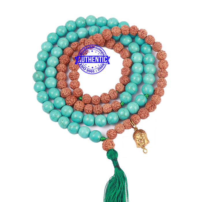Turquoise Stone + Rudraksha Mala with Lord Buddha Accessory