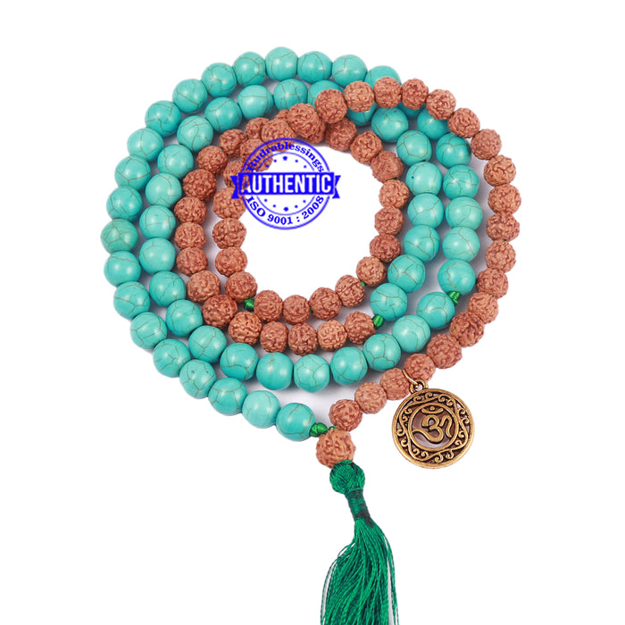 Turquoise Stone + Rudraksha Mala with OM Accessory