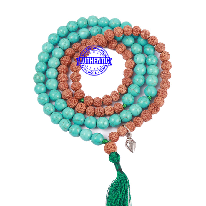 Turquoise Stone + Rudraksha Mala with Shankh Accessory