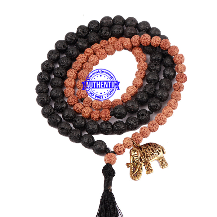 Lava Stone + Rudraksha Mala with Elephant accessory