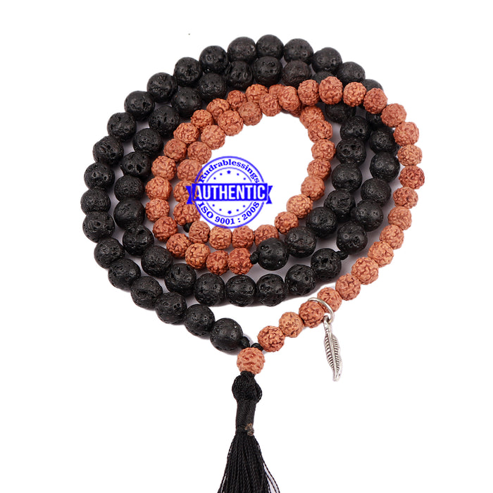 Lava Stone + Rudraksha Mala with Feather accessory