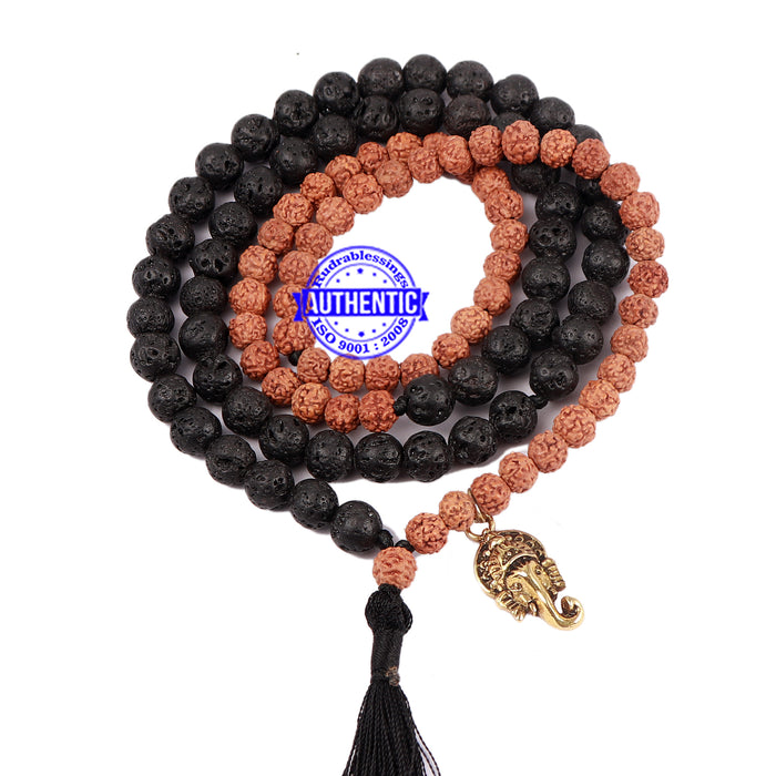 Lava Stone + Rudraksha Mala with Ganesha accessory
