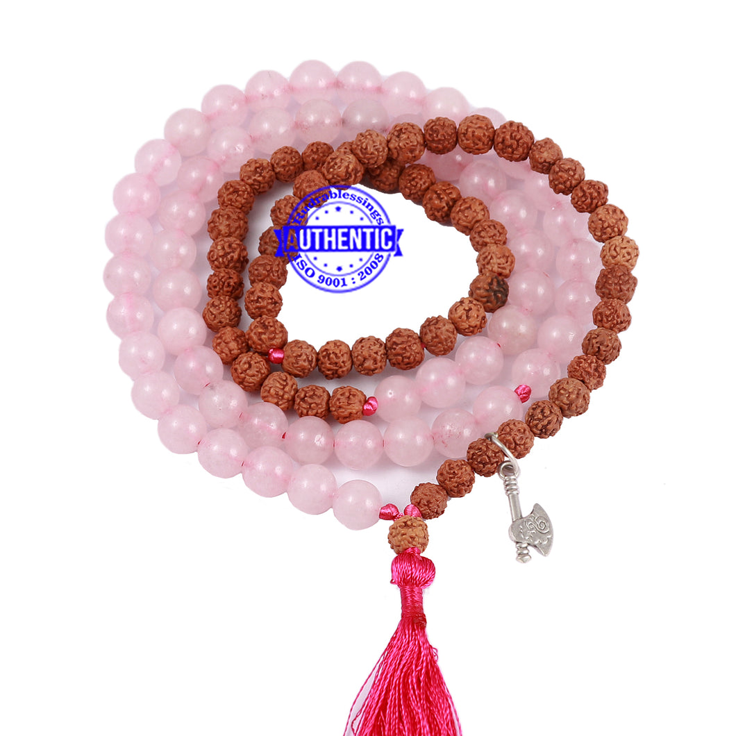 Rose Quartz Stone + Rudraksha Mala with Axe accessory