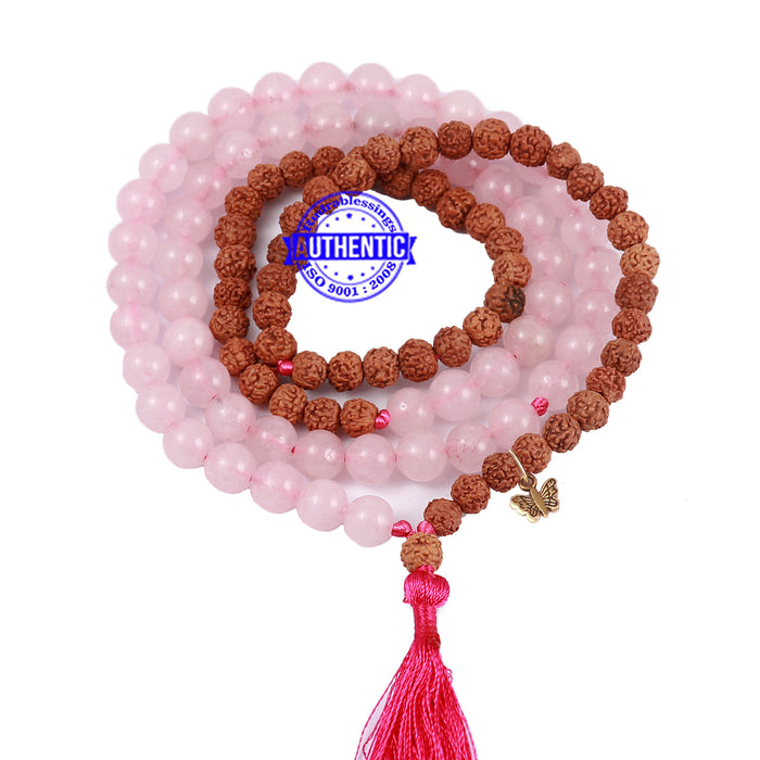Rose Quartz Stone + Rudraksha Mala with Butterfly accessory