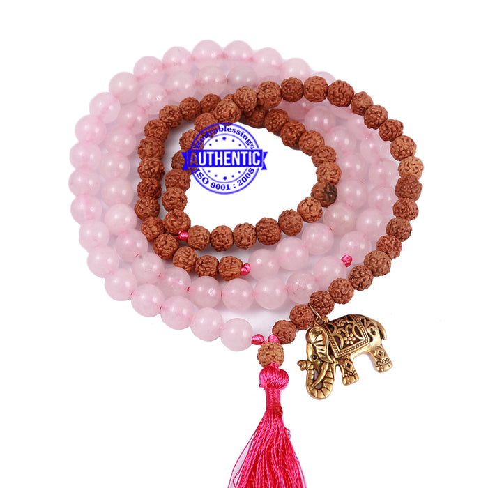 Rose Quartz Stone + Rudraksha Mala with Elephant accessory