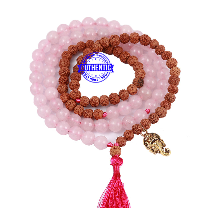 Rose Quartz Stone + Rudraksha Mala with Ganesha accessory