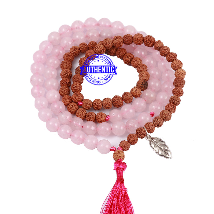 Rose Quartz Stone + Rudraksha Mala with Leaf accessory