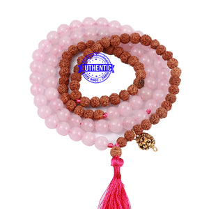 Rose Quartz Stone + Rudraksha Mala with Lion accessory