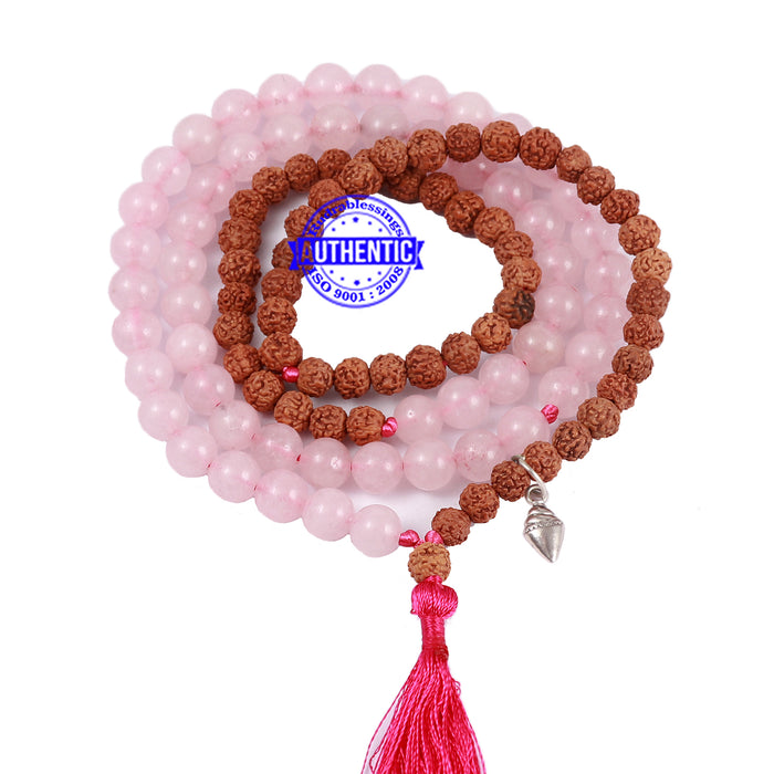Rose Quartz Stone + Rudraksha Mala with Shankh accessory