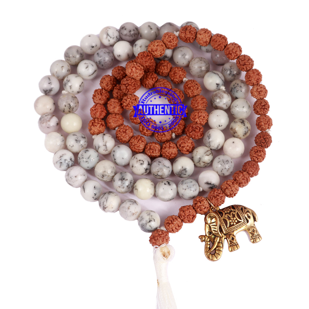 Dendritic Agate + Rudraksha Mala with Elephant accessory