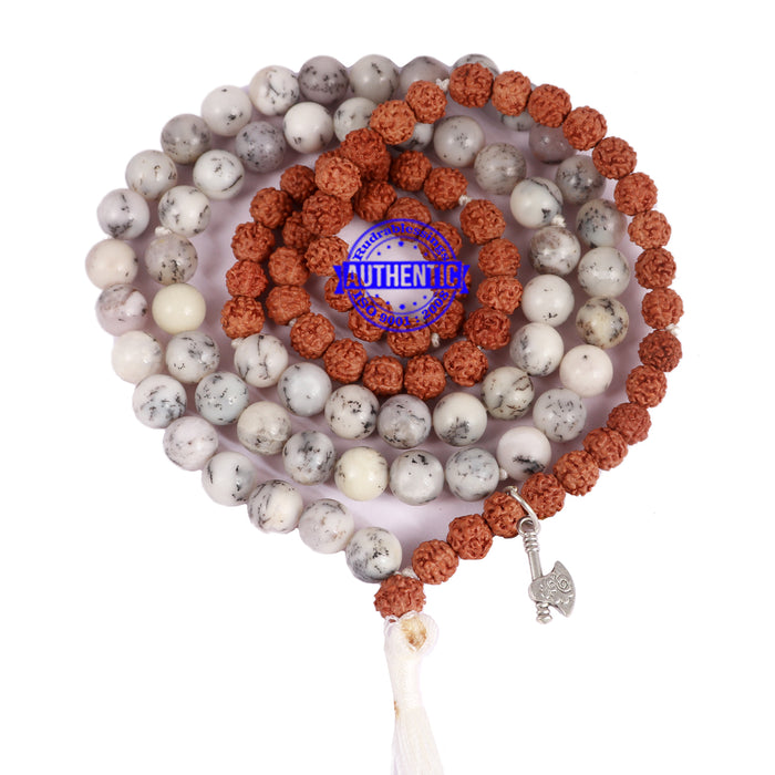 Dendritic Agate + Rudraksha Mala with Axe accessory