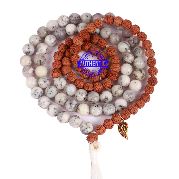 Dendritic Agate + Rudraksha Mala with Belpatra accessory