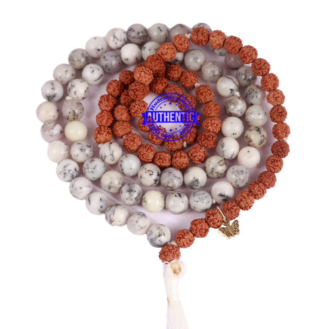 Dendritic Agate + Rudraksha Mala with Butterfly accessory