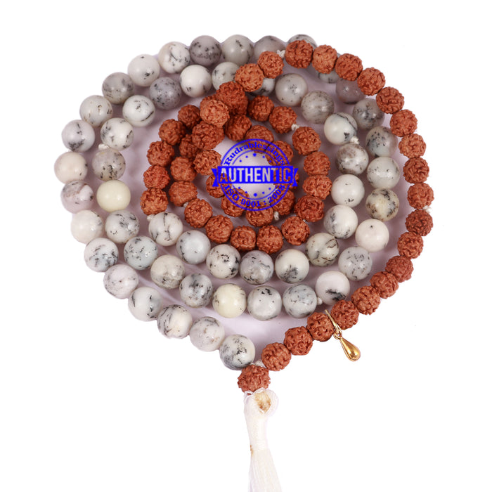 Dendritic Agate + Rudraksha Mala with Gada accessory